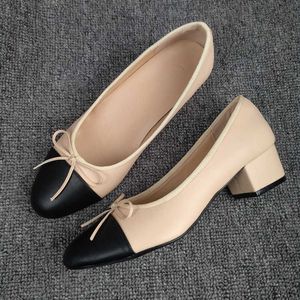 Channel Shoes Bow Ballett-High-Heels-Schuhe für Damen, Basic-Pumpen, modische zweifarbige Nähte, runde Schleife, Arbeitsschuh, Mode-Party, Damen-Schuhe, Pumpe