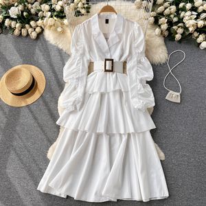 Casual Dresses Korean Office Lady Elegant Dress V Neck Solid Color Puff Long Sleeve Robe Belt Slim midje Ruffles Patchwork Vestidos 2023