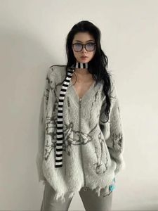 Suéteres femininos houzhou y2k grunge cinza gráfico suéter cardigan mulheres vintage 90s estética zíper jerseys streetwear angustiado tops de malha 231108