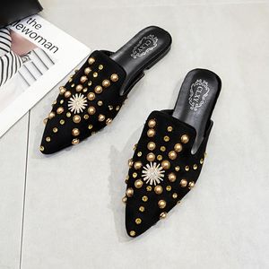 Golden Bee Shoes Women Heels Slippers Mules Rivet Stud Slides Female Flock Suede Fashion Loafers Luxury Brand Fenty Beauty 210607