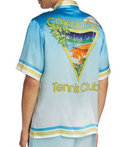Casablanca Tasarımcı Gömlek 23ss Mavi Tenis Kortu Erkek ve Kadın Beyaz Dimi İpek Kısa Kollu Gömlek Casablanca