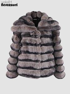 Women's Fur Faux Fur Nerazzurri Winter Striped Thick Warm Soft Colorful Faux Chinchilla Fur Coat Women Turn-down Collar High Quality Fluffy JacketL231109