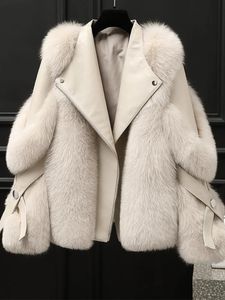 Женский меховой мех зима целый кожаный мех мех Фокс Короткий пальто молодые дамы повседневные хэйнины с высоким имитационным мехом интегрированные куртки для женщин 231109