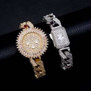 Gold Australia smycken Watch Style Spring Buckle Miami Kuba Chain Full of Zircon Hip Hop Punk Personlig armband 231015
