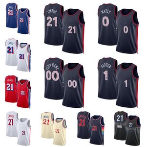 Anpassad baskettröja Joel Embiid #21 Tyrese Maxey #0 James Harden #1 Harris #12 White Red and Blue 2023-24 City Jerseys Men Women Youth S-2XL