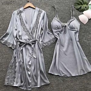 Women's Sleepwear Ladies Silk Satin Nightie Gown Lingeries for Woman Sleepwear Robe +Pants 3PCS Pajamas Set Sleepwear Outfits to WearL231109