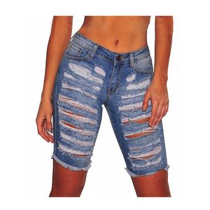 Jeans skinny da donna Jeans strappati effetto consumato con fori al ginocchio Nappa al ginocchio Jeans corti a vita media Pantaloni slim fit casual da donna