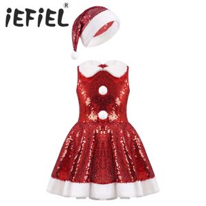 Conjuntos de roupas Menina de Natal vestido vermelho lantejoulas vestido de desempenho de palco com chapéu de Papai Noel crianças Xmas fantasia cosplay festa ano roupas 231109