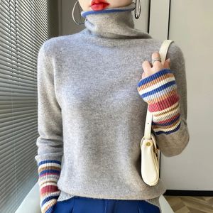 Women's Sweaters 100% Merino Cashmere Sweater Women's Collar Pullover 22Autumn and Winter Knitted Bottoming Shirt Fashion Color-blocking Tops 231109