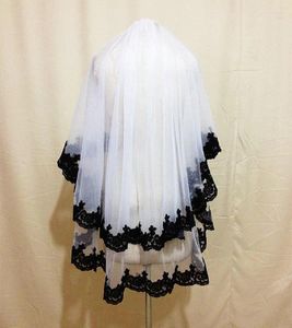 Brautschleier aus weißem/elfenbeinfarbenem Tüll und schwarzem Spitzenrandschleier, zweistufig, bogenlang, kurzer Hochzeitsschleier, Zubehör