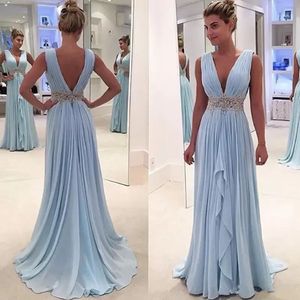 Prom Gown Party Light Blue Evening Dresses A Line Formal V-Neck Sleeveless Chiffon Applique Beaded Backless Lace Up Zipper Plus Size New Custom