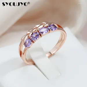 Anéis de casamento syoujyo brilhante roxo zircônia cúbica luxo para mulheres rosa ouro cor conjunto de jóias finas vintage fácil correspondência anel diário