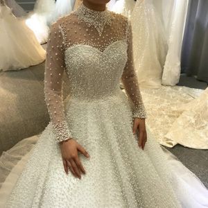 2024 Luxury A-line Wedding Dress High Neck Full Pearls Beading Long Illusion Sleeves Women Bridal Gowns Vestido De Novia Custom Made Arabic Dubai