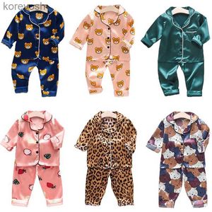 Pijamas da criança meninas de seda cetim pijamas conjuntos dos desenhos animados crianças meninos pijamas bebê pijamas terno menina casual casa usar roupas menino loungewearl231109