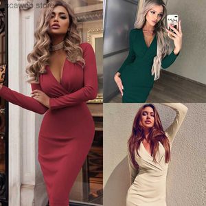 Basic Casual Dresses 2020 new women's dress deep V pleated buttocks spring and autumn long sleeve solid color long skirt T231109