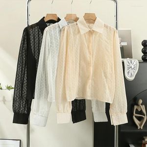 Women's Blouses Women Tees 2023 Autumn French Style Unique 3D Embroidery Lace Loose Perspective Bubble Sleeves White Shirt Top Female