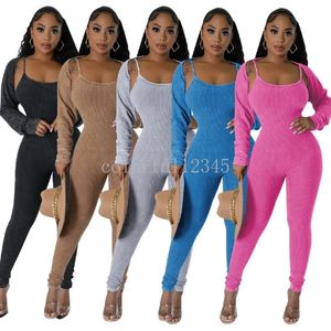 Designer Sexy Backless Spaghetti Straps Jumpsuits and Long Sleeve Short Top Fall Women Two Piece Sets Matching Sets Casual Outfits Wholesale Clothes