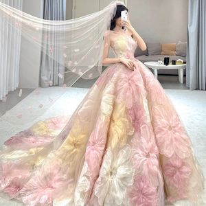 Abiti da sposa firmati Abiti da sposa 3Dflower con perline di cristallo Collo di cristallo trasparente Abiti da sposa con applicazioni di perline di cristallo Macchia di pizzo con paillettes di lusso Vestido De Novias