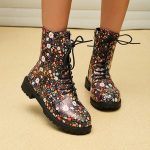 Boot Boots 2023 Lace Up Shoes Female Winter Round Toe Blandade färger Middle Barrel Y Heel Stor storlek Fashion 231109