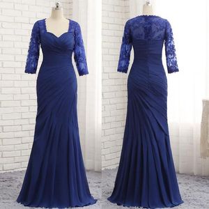 Royal Blue Mother of Bride Dresses Lace Long Sleeves Floor-Length Draped Pleated Chiffon Mother's Dress Wedding Guest Elegant Prom Gown