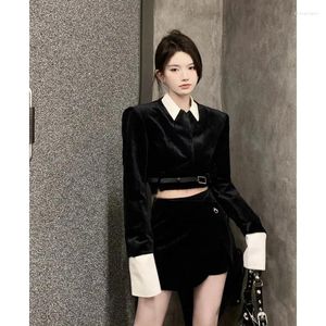 Two Piece Dress Insozkdg Small Fragrant Wind Short Sets Women Autumn 2023 Black Velvet Long Sleeve Top Suit Female Blazer With Skirt