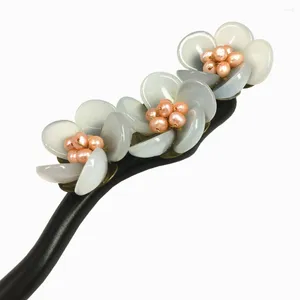 Hair Clips Ebony Stick Fresh Water Pearl Azure Stone Flower Sticks Pin Chinese Jewelry Vintage Wooden Accessories WIGO0792B