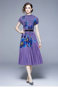 Two Piece Dress 2023 Elegant Women Two Piece Set Fashion Autumn Purple Flower Print Stretch Short Sleeve Tops Elastic Waist Midi Pleated Skirt Suit