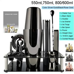 Bar Tools Bartender Kit 13 Piece Black/Rose Gold Cocktail Shaker Set rostfritt stål Barverktyg med svart stativ 550 ml 800/600 ml Shaker 231109