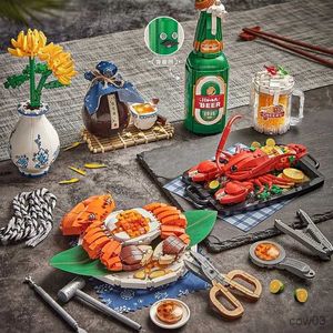 الكتل 2023 Mini Creative Hotpot Seafood Lobster Crab Model Build Block مجموعات الطعام اللذيذة لألعاب للأطفال R231109