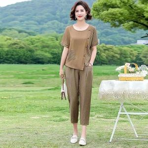 Calças femininas de duas peças verão algodão linho terno para mulheres blusas de manga curta vintage solto 2 conjuntos de roupas femininas ternos de calças