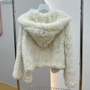 Pelliccia da donna Pelliccia sintetica Vera pelliccia di coniglio Cappotto con cappuccio Lungo Sle Donna Casual Allentato lavorato a maglia Giacca di pelliccia genuina con cappuccio Fe Pelliccia naturale OutwearL231109