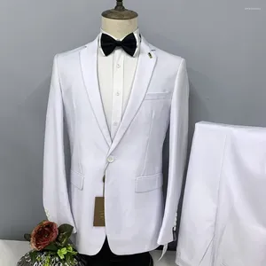 Erkekler 2023 Erkekler İş Düğün Resmi Takım Yüksek kaliteli moda ince fit beyaz çentik yaka keten iki parçalı set rahat palto pantolon