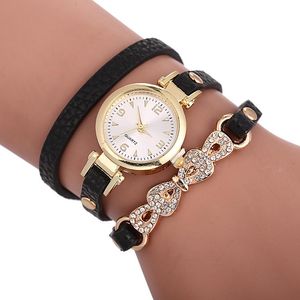 Orologi da polso Moda Donna Bracciale lungo in pelle Orologi Bowknot in oro con strass Orologio al quarzo da polso casual 919195Orologi da polso