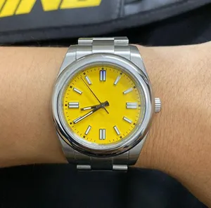 Orologio da uomo di lusso in acciaio inossidabile da 41 mm, zaffiro, meccanico automatico, argento, design bianco, quadrante giallo, orologi da polso, colori MIX