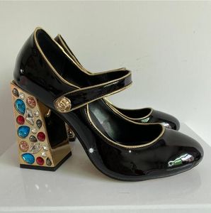 Décolleté con tacco grosso con strass colorati unici, da donna, in pelle verniciata di lusso, con tacchi alti in cristallo, scarpe da festa sottili