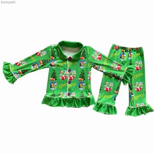 Pajamas Christmas pajamas collection girls clothing lapel long sleeve pants set green Christmas tree pattern milk silk fabricL231109