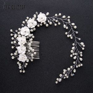 Wedding Hair Jewelry Bridal Wedding Crystal Bride Hair Akcesoria Pearl Flower Opaska ręcznie robione koraliki z pasmami włosów