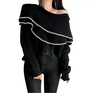 Women's Sweaters Sweater Women Elegant Pullover Clothing Tops Korean Fashion Fairycore Puff Sleeve Neck Black Jumper