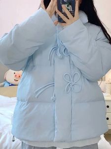 Женские пуховые парки синее пальто осень зима с длинным рукавом воротник-стойка женские корейские модные повседневные милые пуховые куртки с галстуком-бабочкой 231109