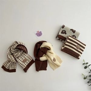 Scarves Wraps 3879A Children's Knitted Scarf Korean Cute Bear Color Matching Scarf for Boys and Girls Winter Warm Striped Scarf 231108