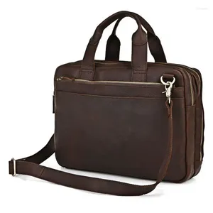 Briefcases Vintage Portfolio Leather Men Briefcase 14"laptop Bag Business Tote Handbag Shoulder Brown