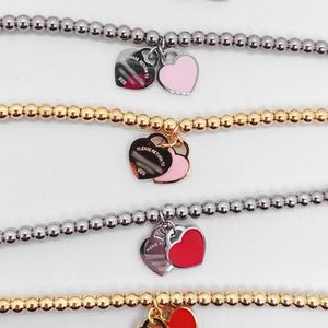 2024 Luxury Two Heart Beaded Bracelet Women Stainless Steel Strands Chain on Hand Couple Gifts for Woman Accessories Pink Red Green Blue Wholesale Best quality