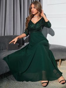 Casual Dresses Chiffon Dress Long Maxi Party 2023 Fashion Sequined Patchwork Three Quarter Sleeve V Neck A Line Style Night S-XL