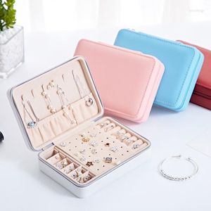 Jewelry Pouches Portable PU Pure And Simple Earrings Box Zipper Ring Multi-functional