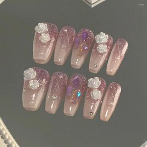 Falska naglar 24st/set Long Ballerina White Camellia French Coffin Nials Press On Full Cover Nail Tips Diy Manicure