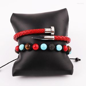 Strand Design Red Turquoise Natural Stone Tiger Eye Bracelet Real Leather Stainless Steel Set For Women Men