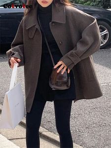 Casacos femininos de pele sintética Cotvotee marrom para mulheres outono inverno moda manga comprida jaqueta vintage casual botão solto casaco de lã casual 231108