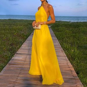 Vestidos casuais ellafads mulheres vestido maxi vestido elegante elegante amarelo amarelo sem mangas Halter pescoço para a noite sem nas costas