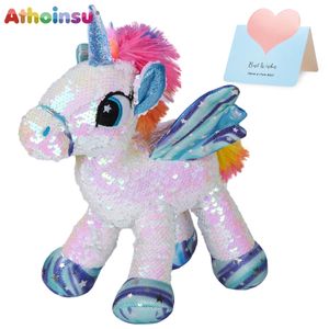 Bambole di peluche Athoinsu Paillettes Unicorno Giocattoli di pelliccia Double face Cambia colore Peluche Cuscino di tiro Simpatico regalo di compleanno per ragazze 231109