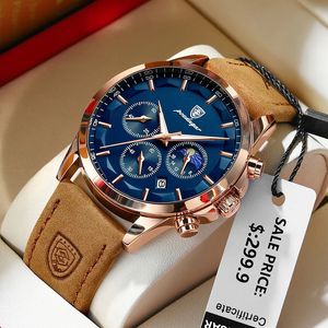 Wristwatches POEDAGAR Genuine Leather Mens Watch Fashion Luminous Calendar Stopwatch Male Clock Waterproof Moon Phase Quartz Wristwatch Man 231109